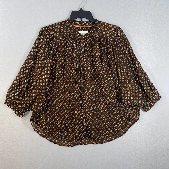 Anthropologie Button Up Womens Large Brown Polka Dot Kimono 3/4 Sleeve Casual - Picture 1 of 16